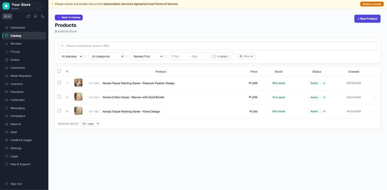 The Quanta catalog manager — products with SKUs, prices, stock and status